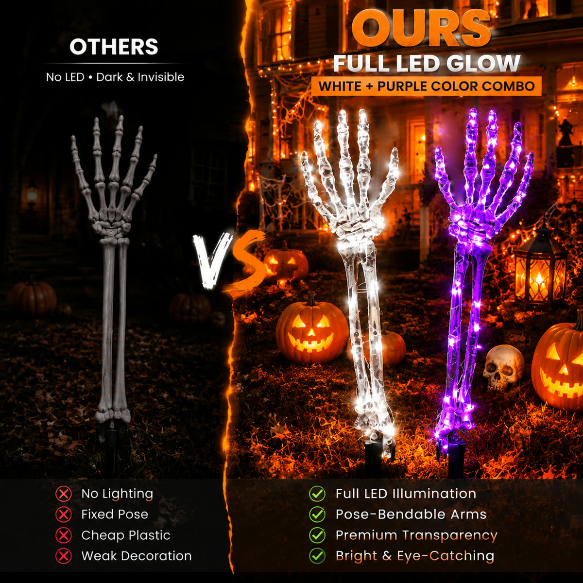 Ordinary skeleton decor versus LED skeleton hand product advantages