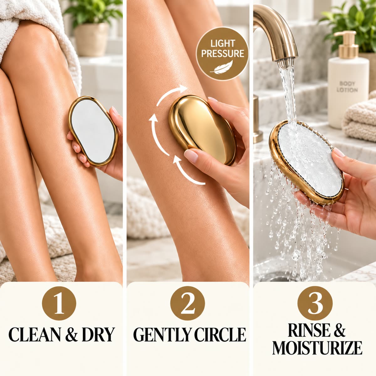 Clean dry gently circle rinse and moisturize usage steps