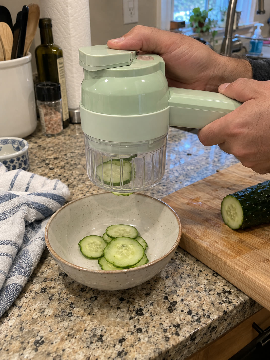 Cucumber slices and a bowl beneath the handheld chopper