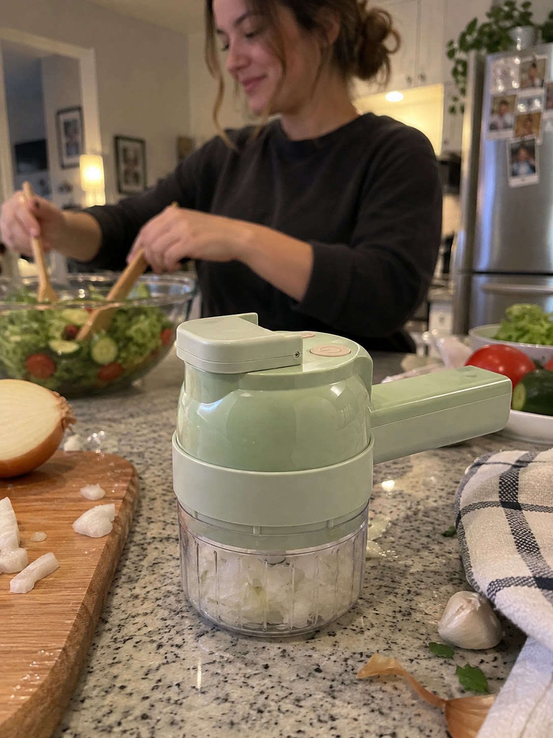 Everyday dinner preparation with the chopper on the counter