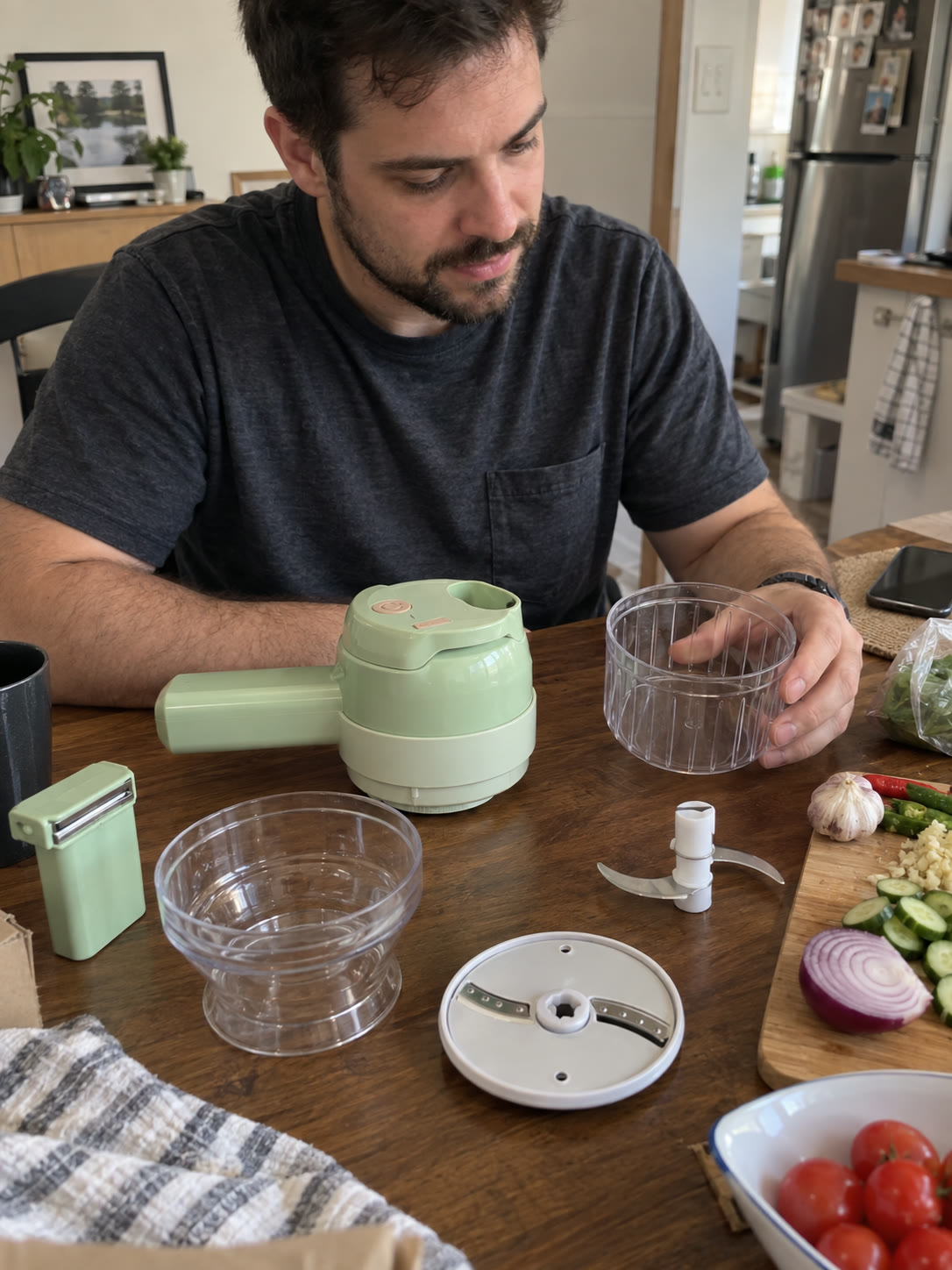 Examining the chopping and slicing attachments at the table