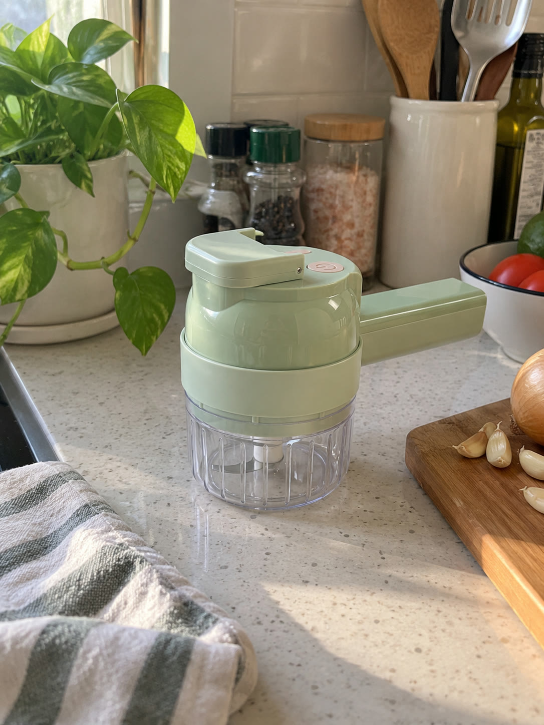 The pale green chopper in a home kitchen