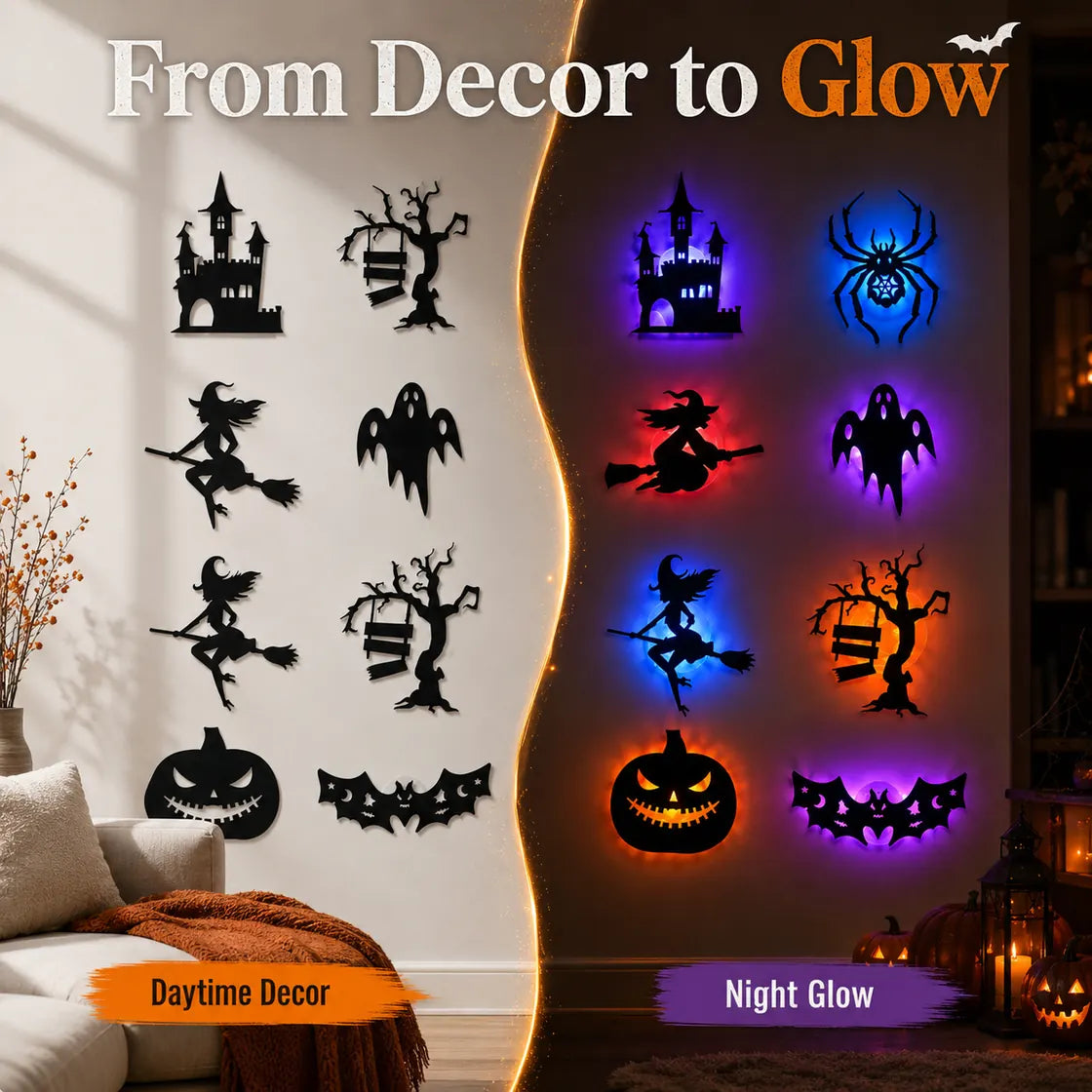 Halloween LED silhouette wall light daytime decor and night glow display