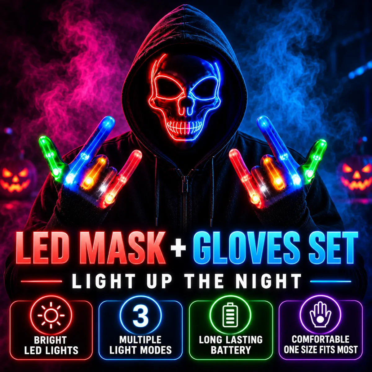 Stand Out After Dark – LED Skull Mask & Light-Up Gloves Set