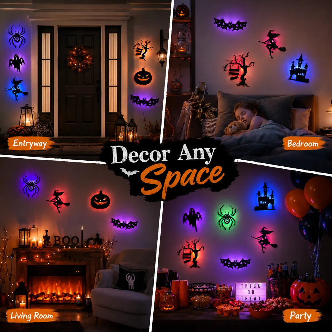Halloween LED silhouette wall lights decorating an entryway bedroom living room and party space