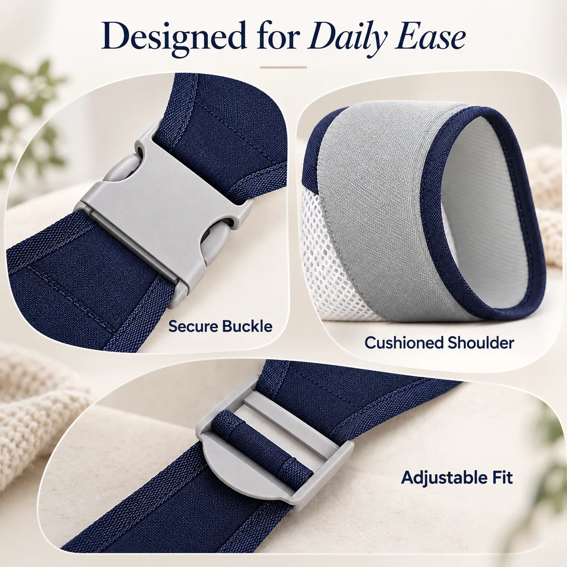 Baby sling carrier details showing secure buckle cushioned shoulder and adjustable fit