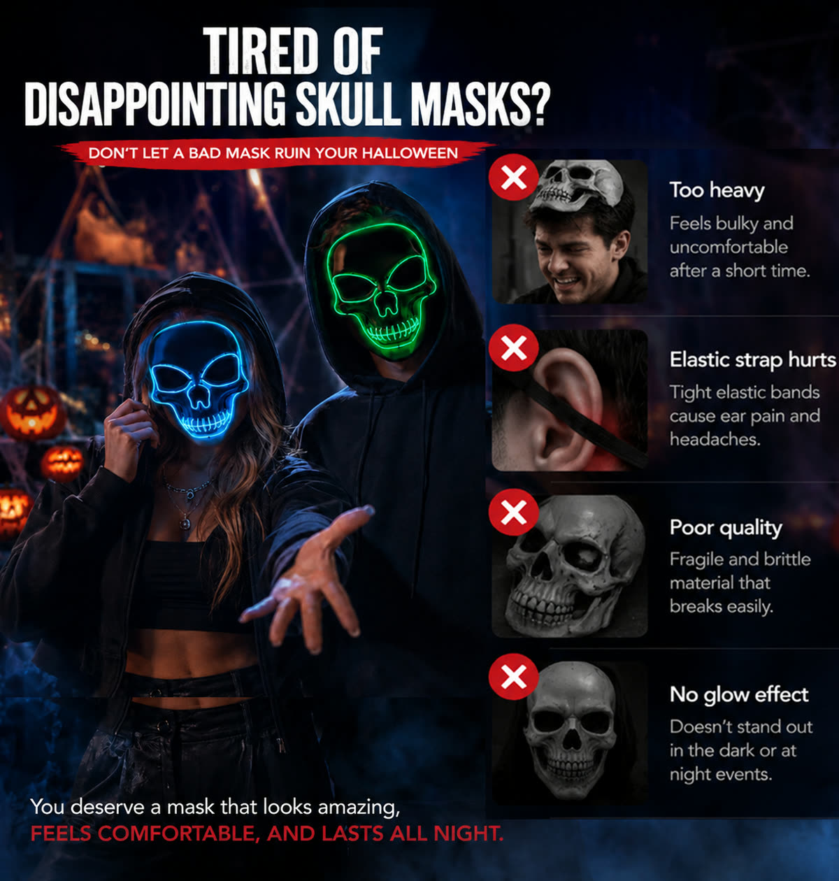Pain point comparison showing disappointing skull masks and LED skull mask improvements