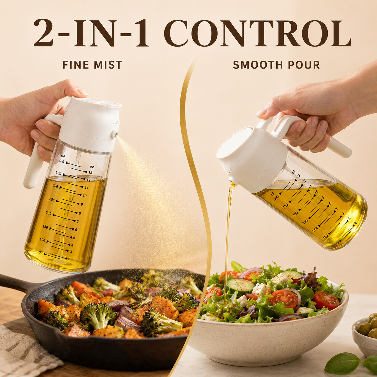 Dluvivo 2-in-1 olive oil sprayer showing fine mist and smooth pour control
