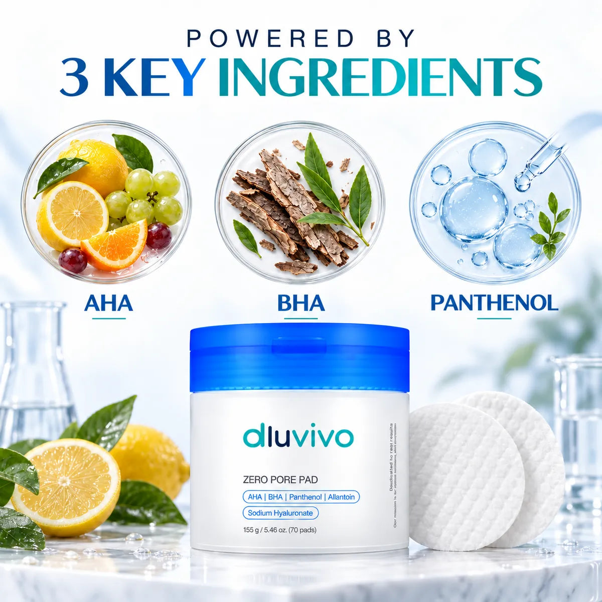 Dluvivo Zero Pore Pad powered by key ingredients AHA BHA panthenol visual