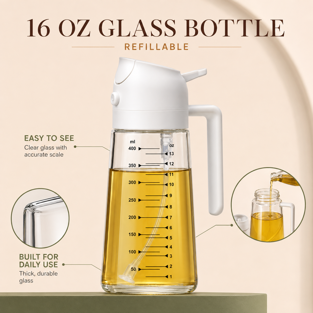 Dluvivo 16 oz refillable glass oil dispenser product details