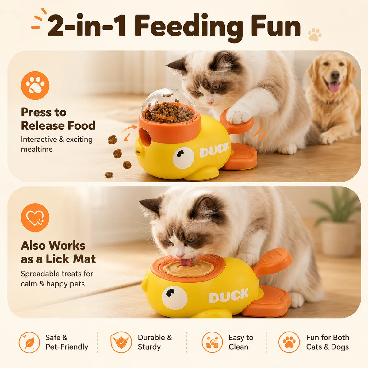 Duck pet feeder used as a treat dispenser and lick mat