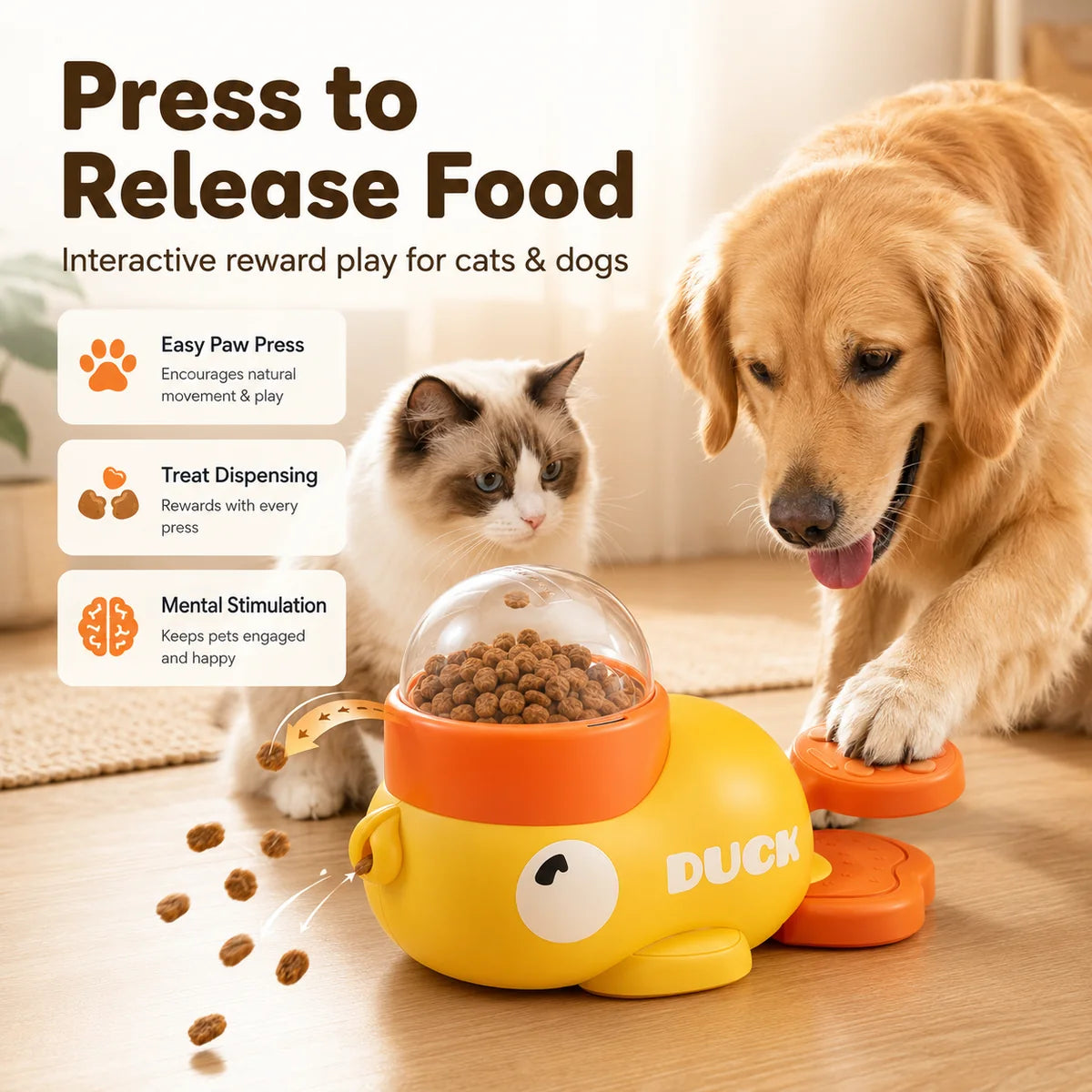 Dog pressing the duck feeder tail to release food