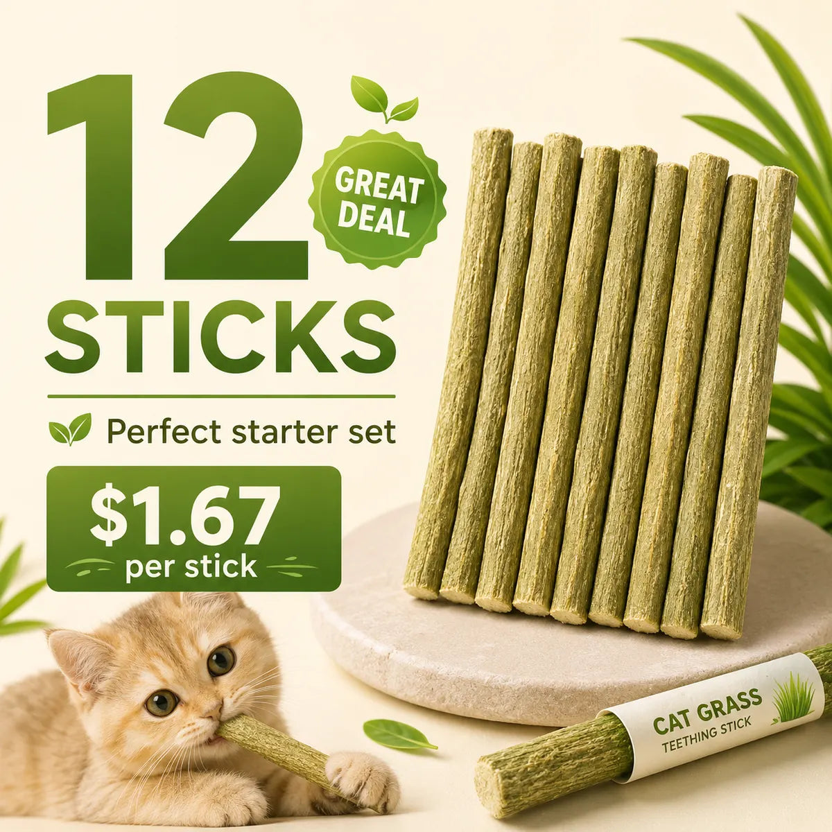 PurrSprout®-CAT GRASS TEETHING STICK 🐱 🌿 A Tasty Cat-Grass Chew for Treating, Chewing & Play