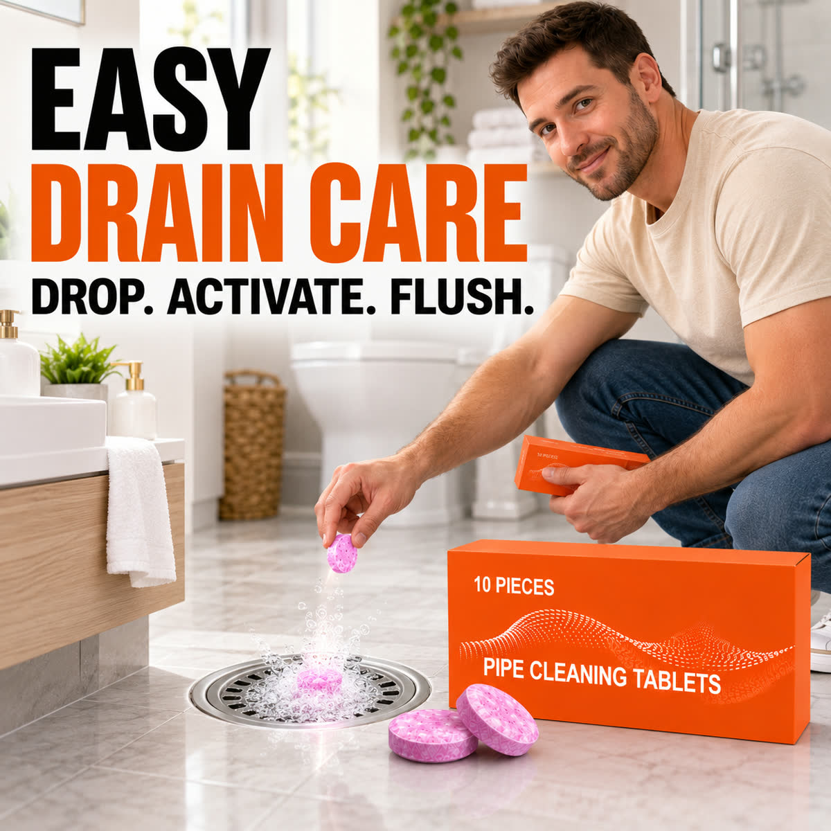Easy drain care drop activate flush