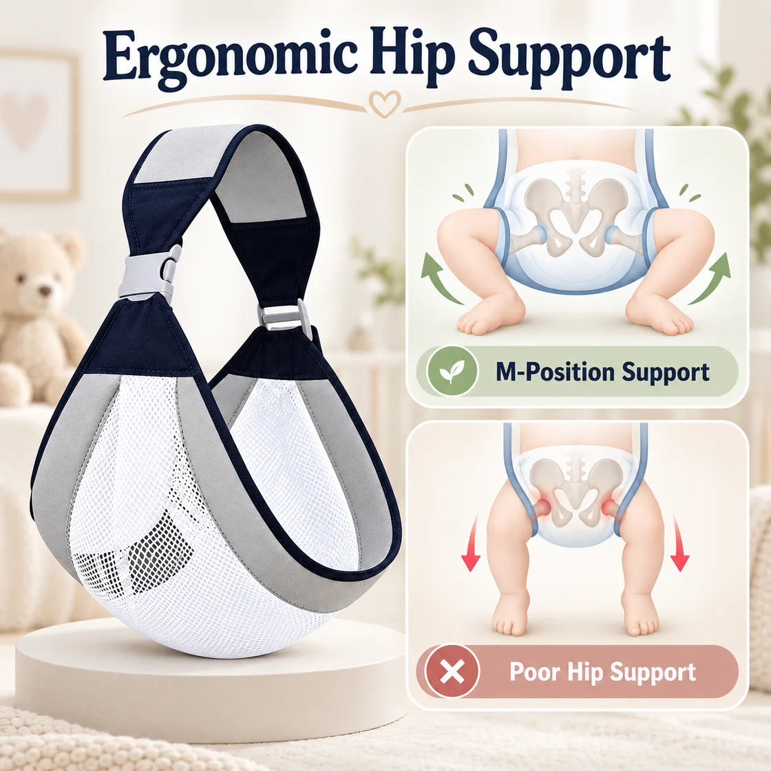 Ergonomic hip support comparison for a gray mesh baby sling carrier