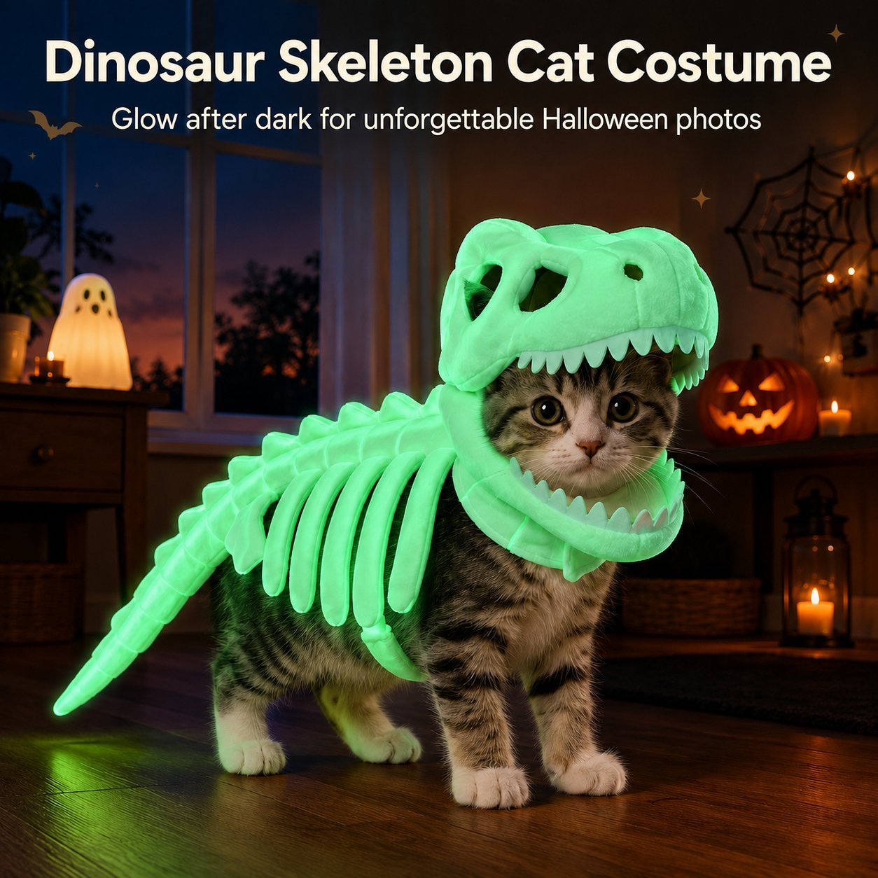 Glow-in-the-dark dinosaur skeleton cat costume in a Halloween room