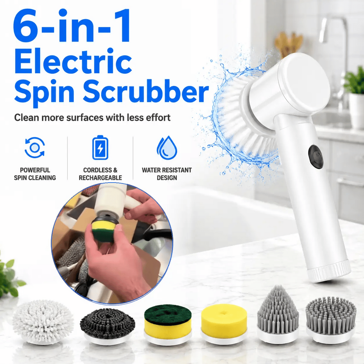 Vortiqo® 6-in-1 Cordless Spin Scrubber – Clean Tubs, Sinks & Tile With Less Hand Scrubbing