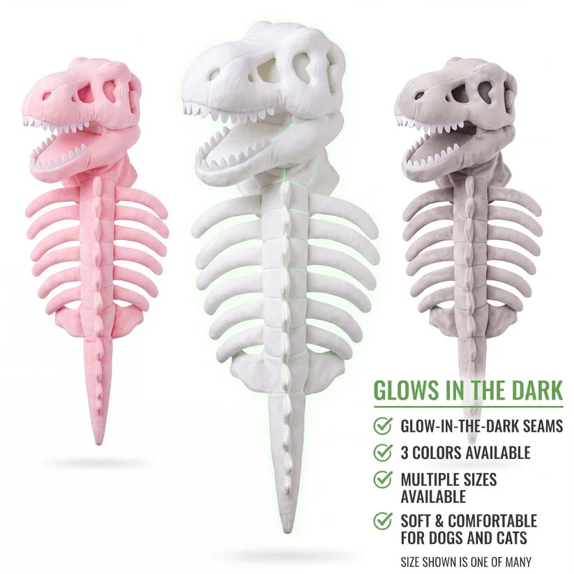 Pink, white and gray dinosaur skeleton pet costume color options
