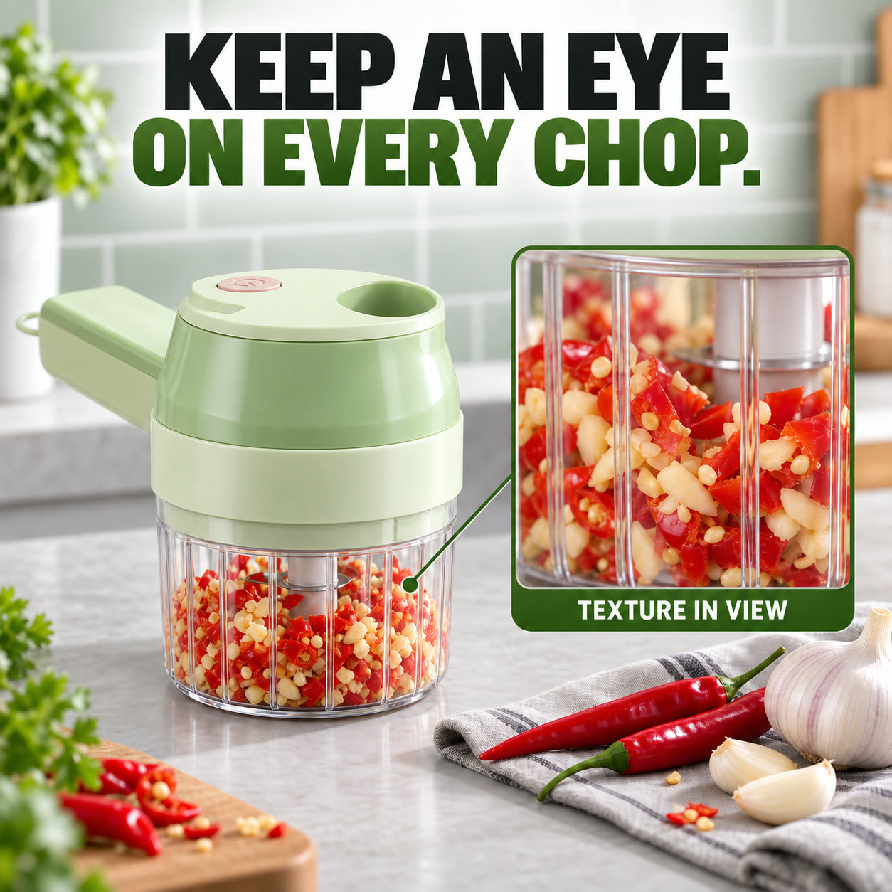 Clear chopping cup showing the texture of garlic and chili pieces