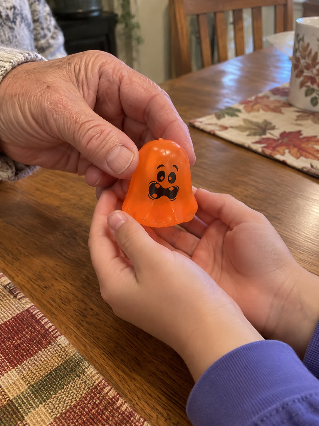 Customer review scene showing the ghost toy shared between grandparent and child