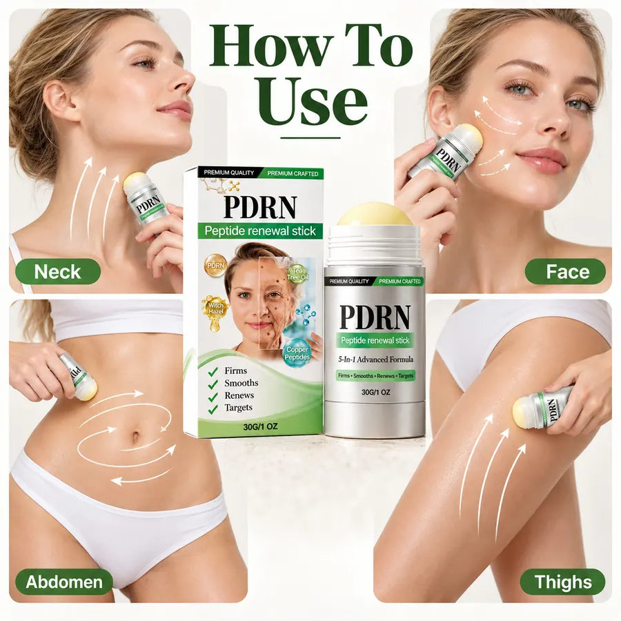 PDRN peptide renewal stick applied to the neck, face, abdomen, and thighs