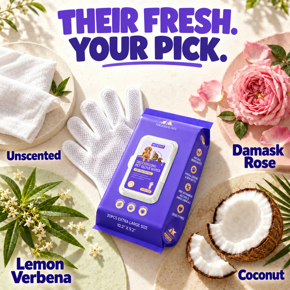 HICC PET glove wipes with Unscented, Damask Rose, Lemon Verbena, and Coconut options