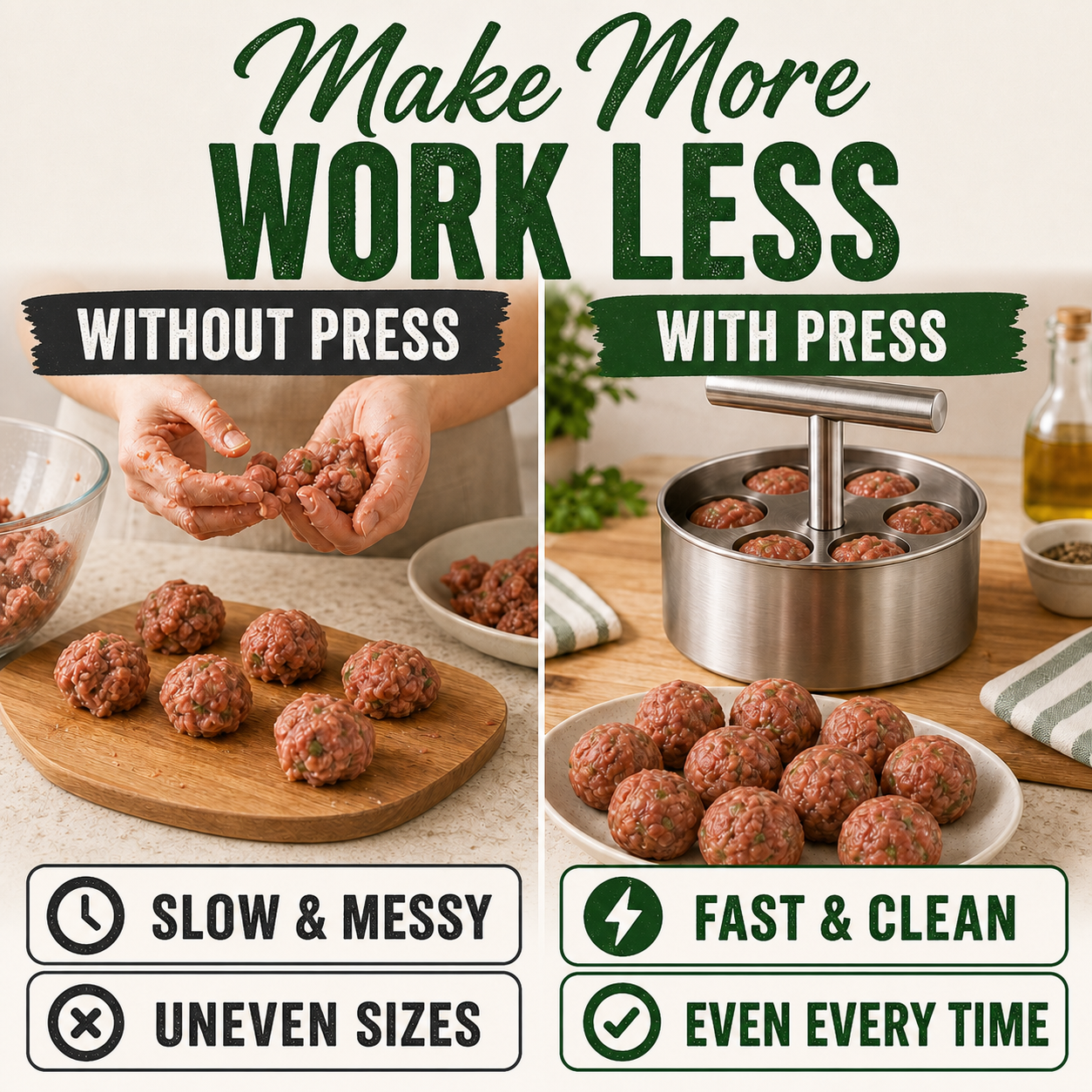 Comparison of hand rolling meatballs versus using the meatball press