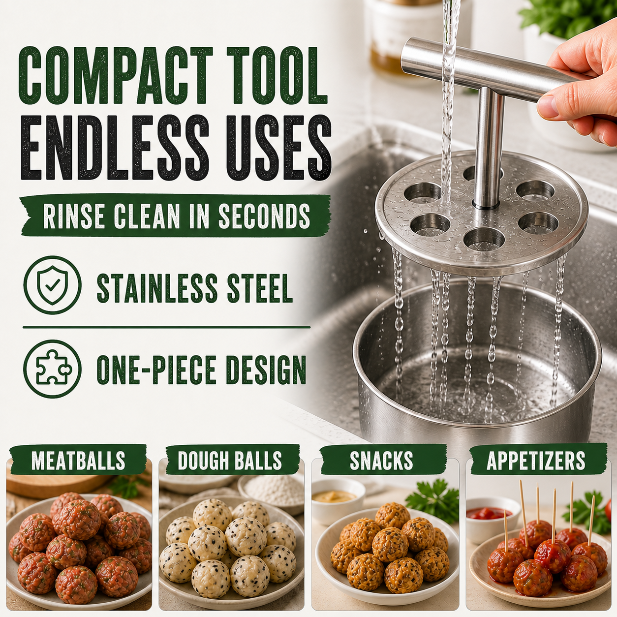 Stainless steel meatball maker design detail and easy rinsing
