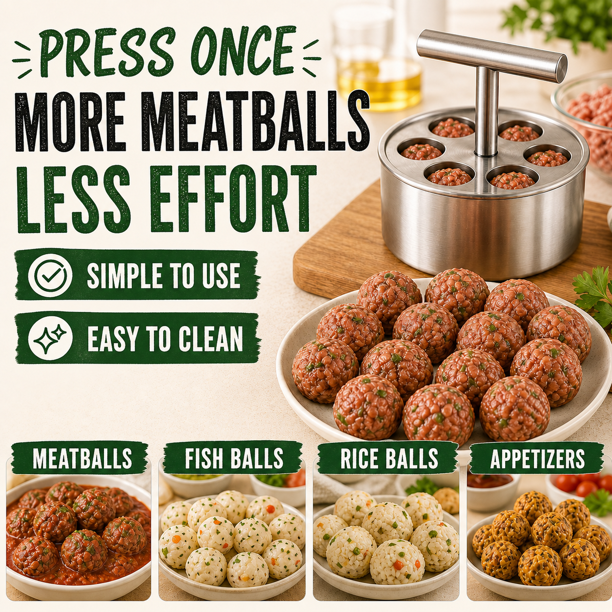 Manual stainless steel meatball maker for meatballs, fish balls, rice balls, and appetizers