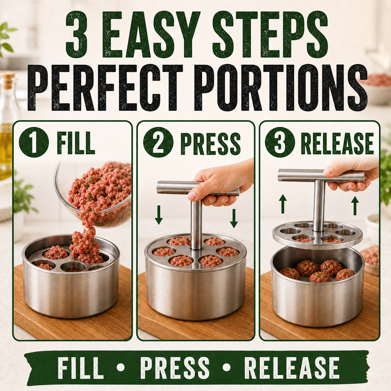 Three steps to fill press and release meatballs with the manual maker