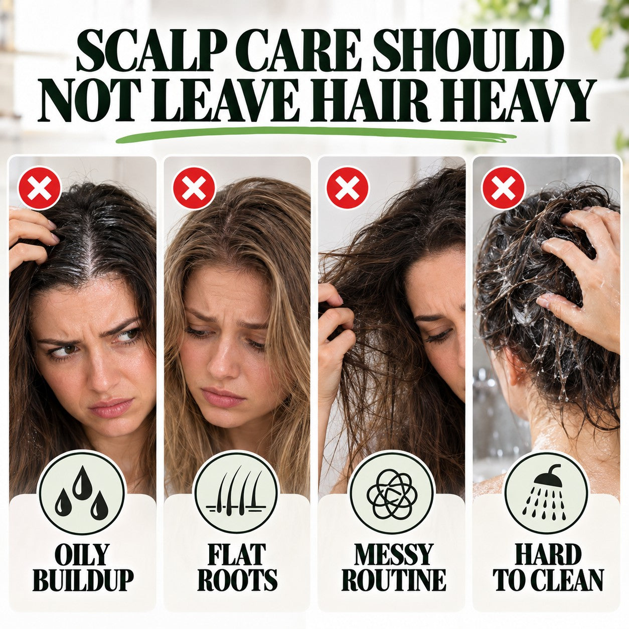 Common scalp care problems including oily residue, heavy roots, messy DIY preparation and too many steps