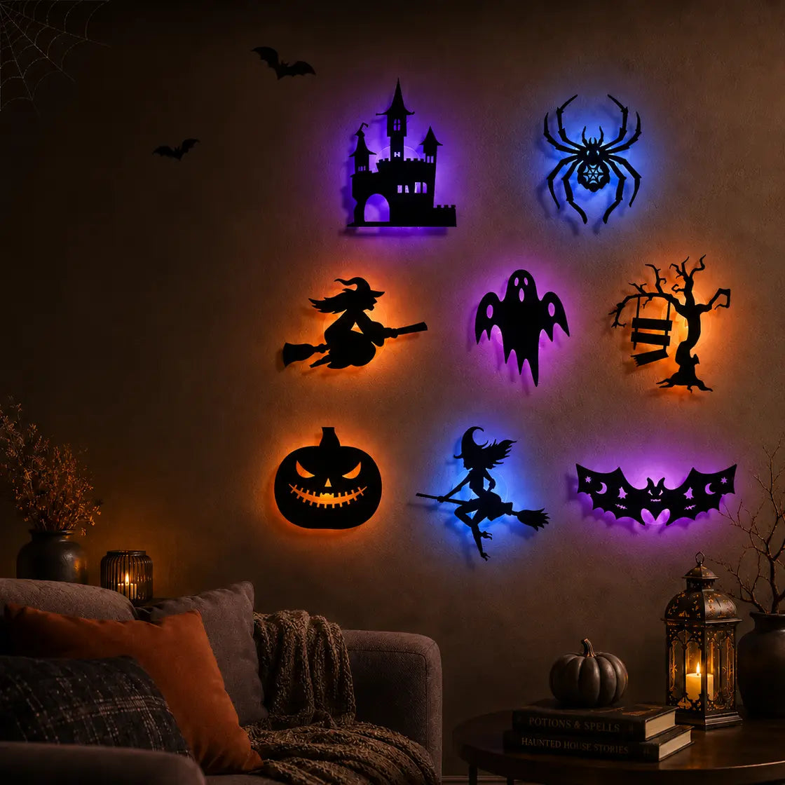 Halloween LED silhouette lights glowing in multiple shapes