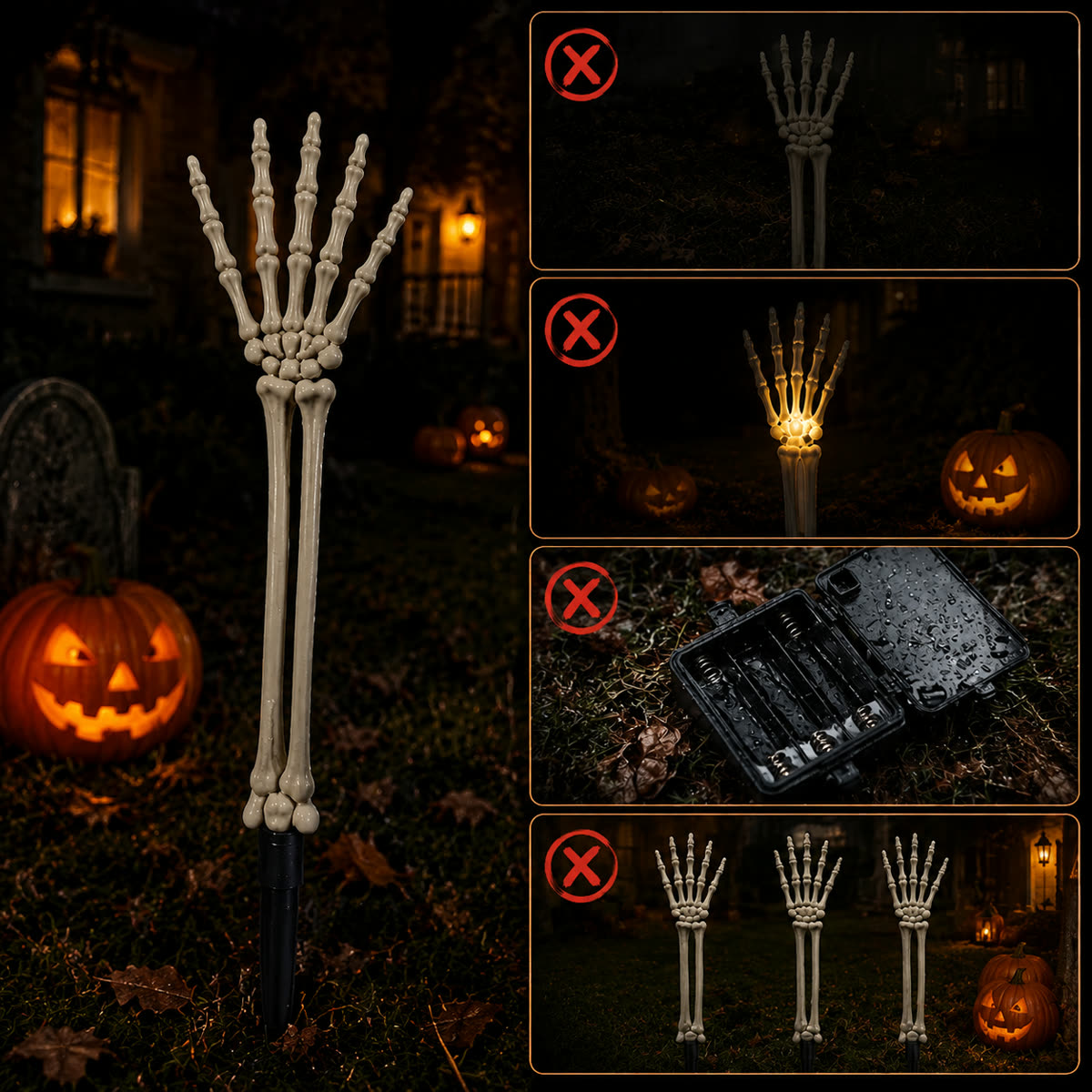 Comparison between ordinary skeleton decor and colorful LED skeleton hand yard stakes