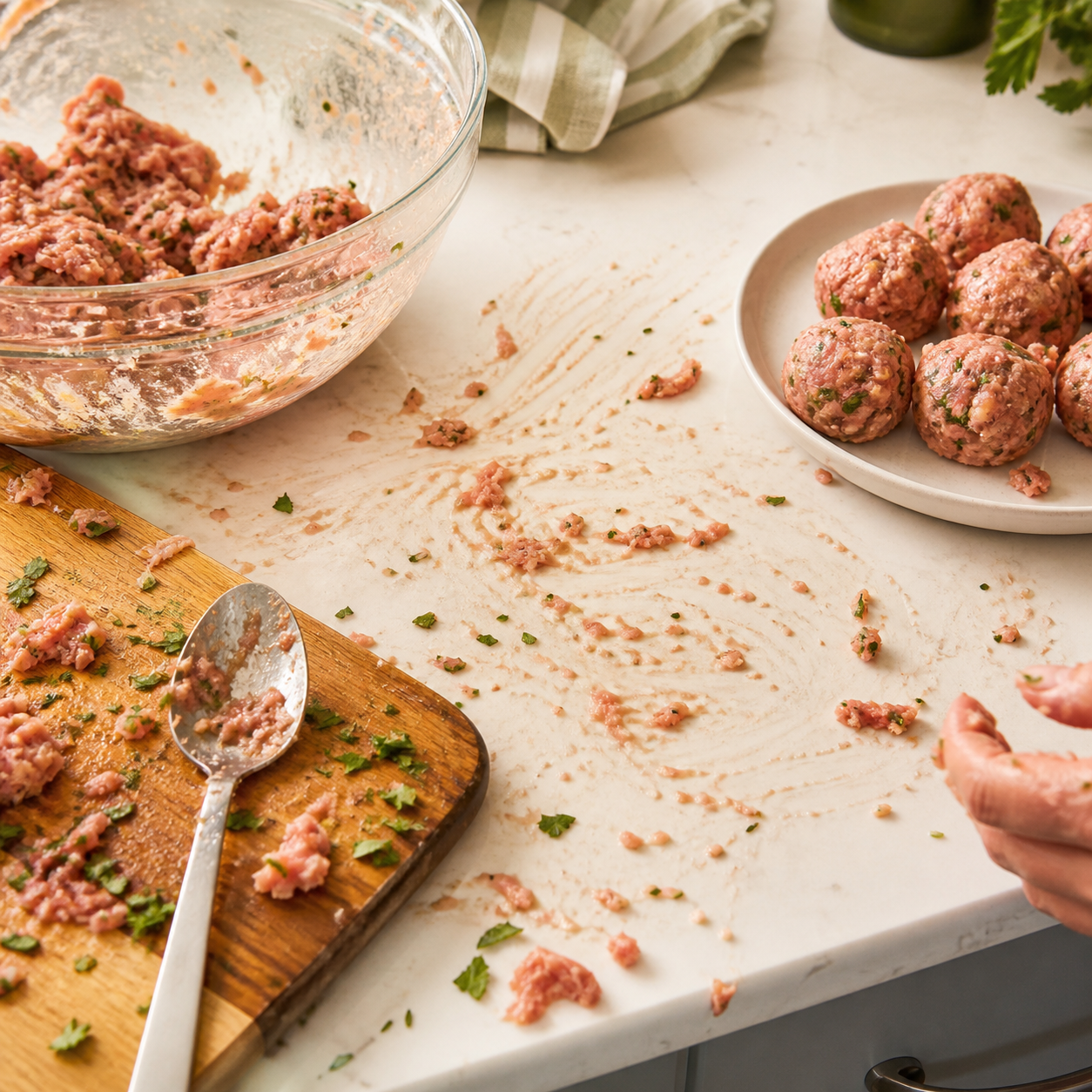Messy counter after hand rolling meatballs