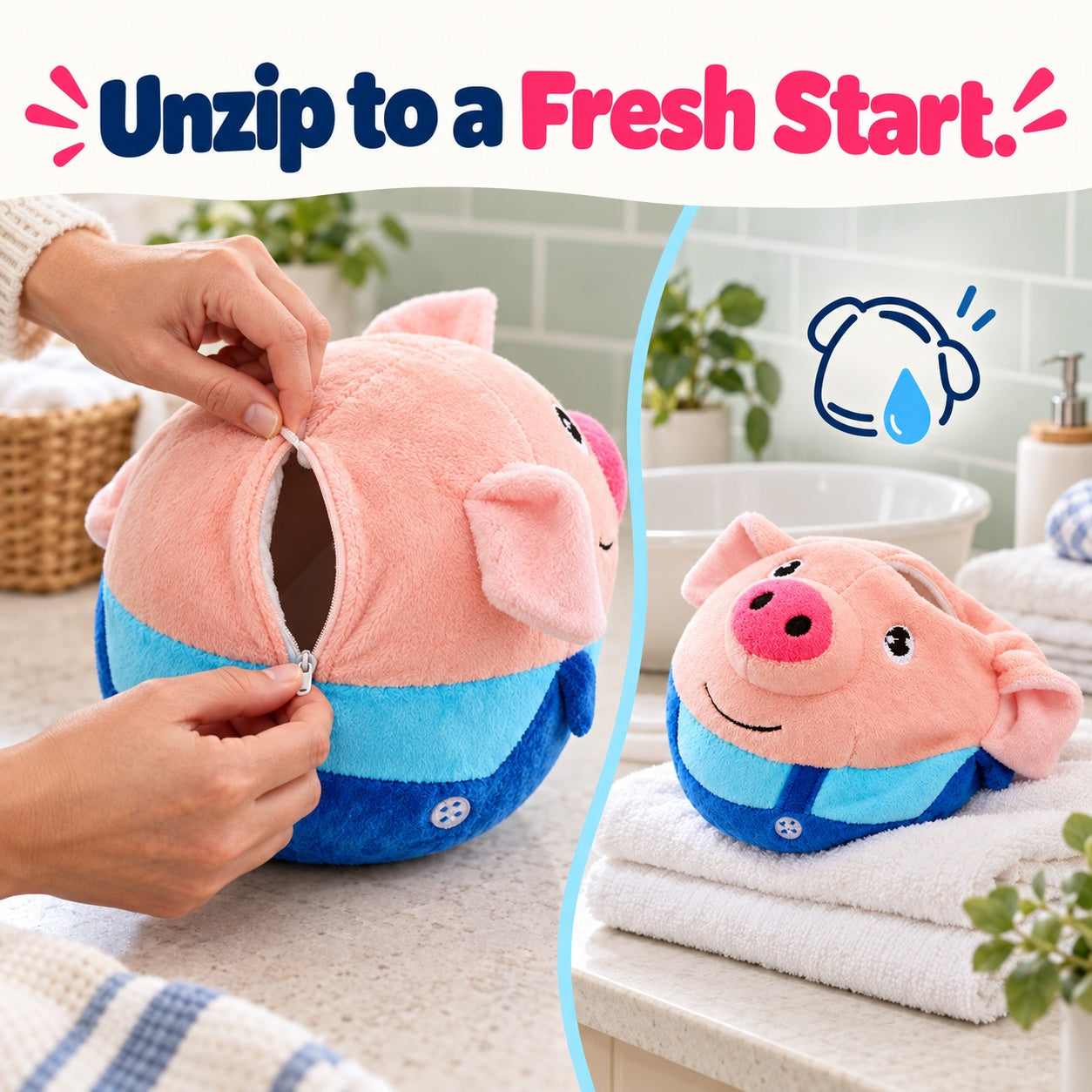 Bouncing pig removable plush cover cleaning scene
