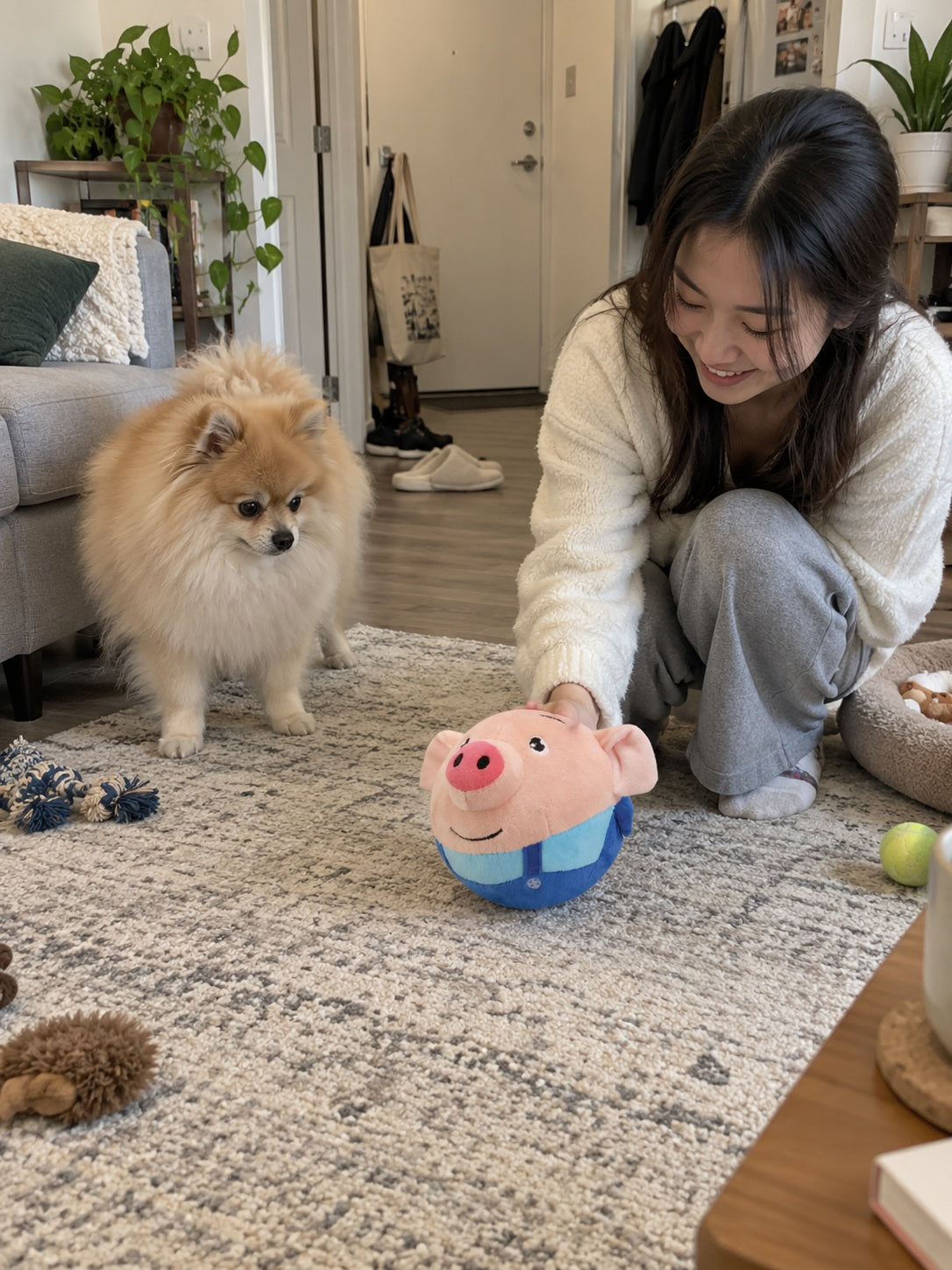 Customer dog and owner testing bouncing pig toy