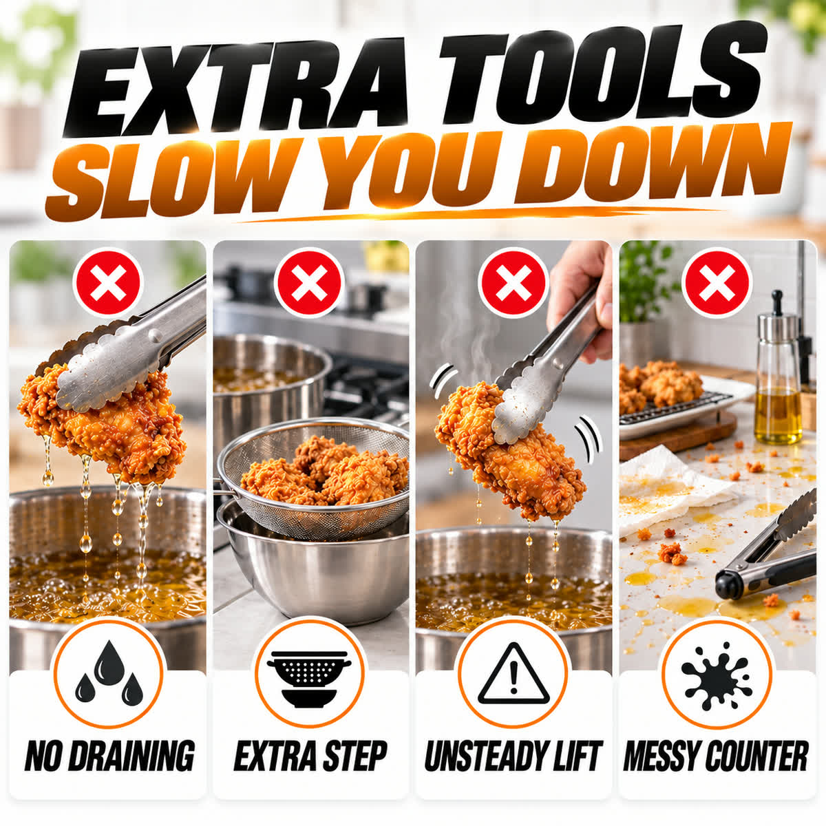 Common frying problems: dripping oil, extra steps, unstable lifting, and a messy counter