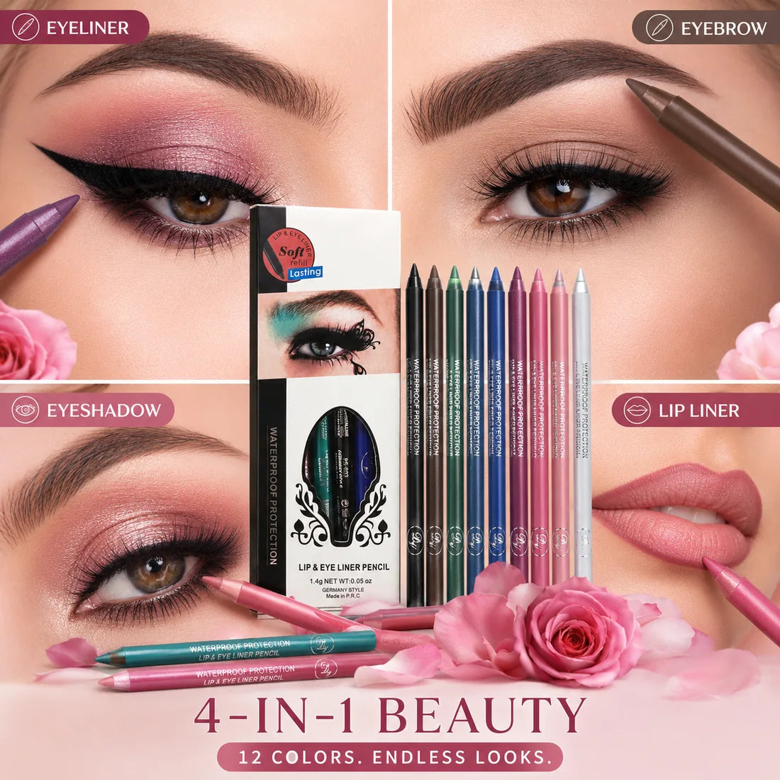 Four in one eyeliner eyebrow eyeshadow and lip liner use for colorful makeup pencils