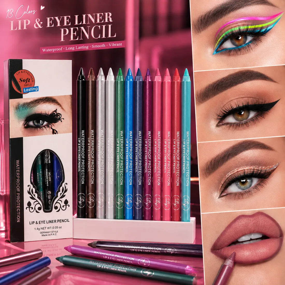 13 color lip and eye liner pencil set with eye and lip makeup examples
