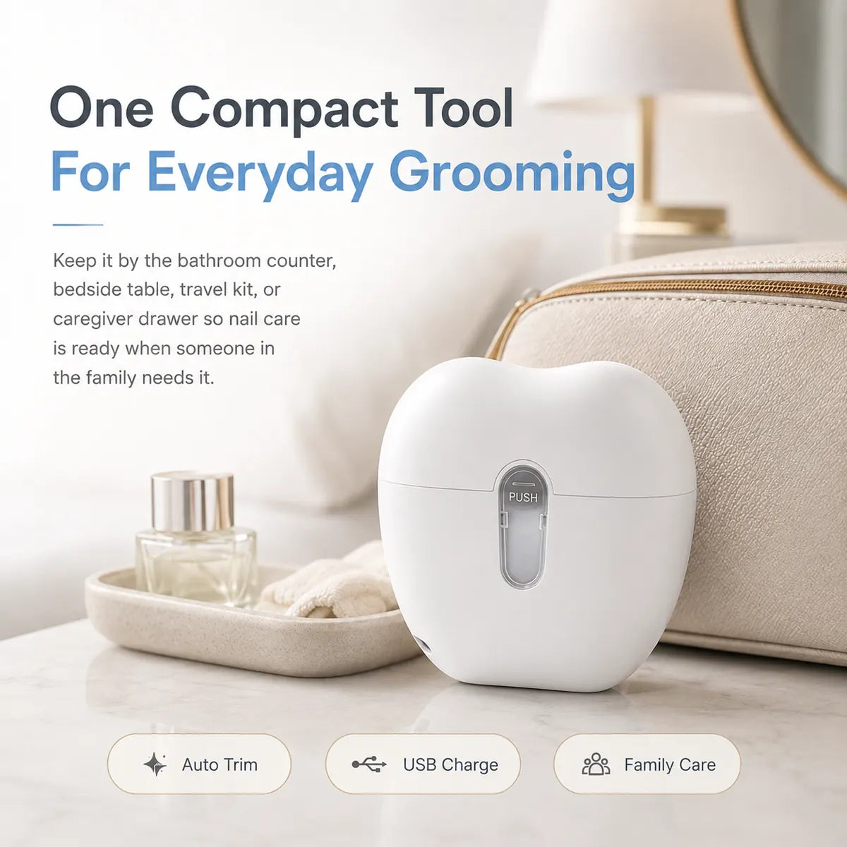 Electric nail clipper used at home, in a travel bag, and for family nail care