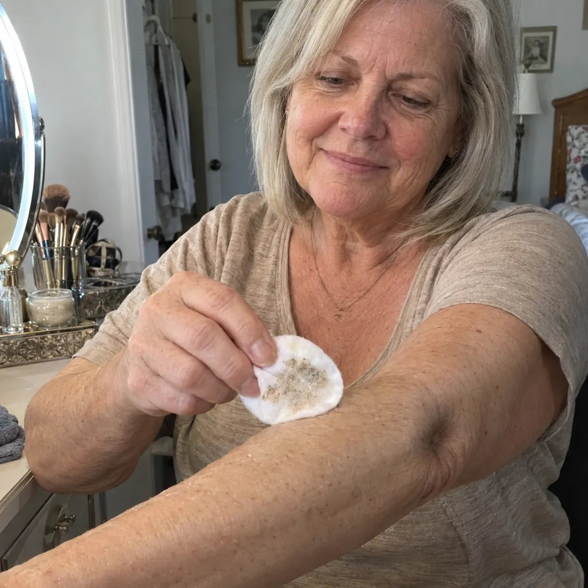 Customer showing smoother-feeling arms after body care