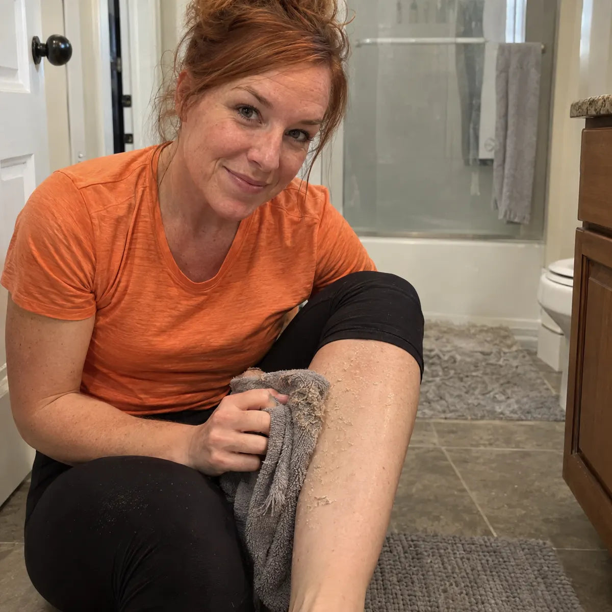 Customer applying body exfoliating spray to legs in the shower
