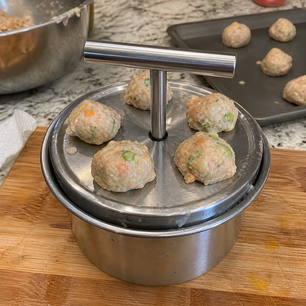 Even meatballs made with stainless steel batch prep press