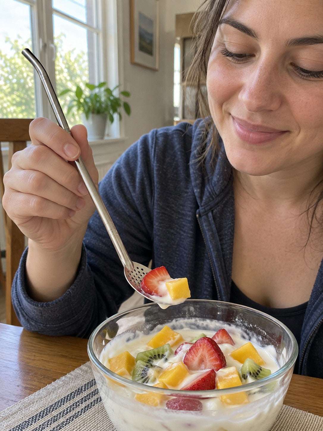 Woman lifting strawberry and mango from a fruit yogurt bowl with the perforated spoon head