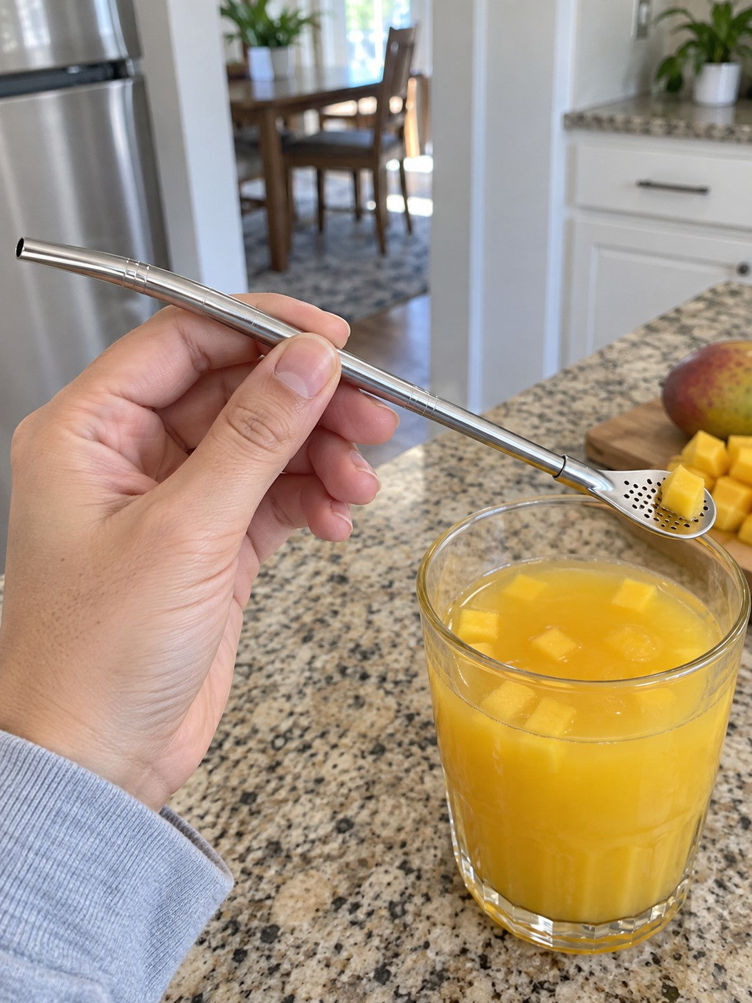 Hand lifting a small mango cube from orange juice with the perforated spoon head