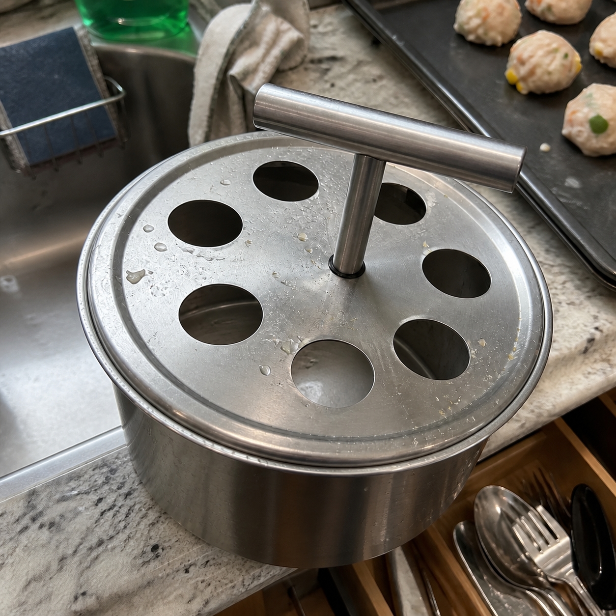 Clean stainless steel meatball maker drying near kitchen drawer
