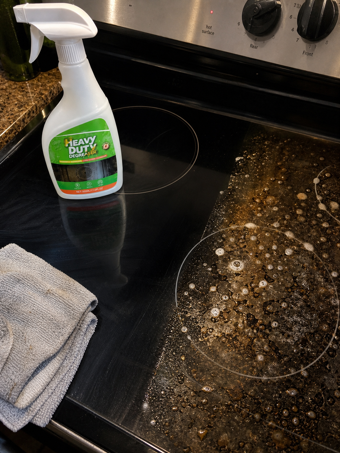 Customer photo showing stove top grease before wiping