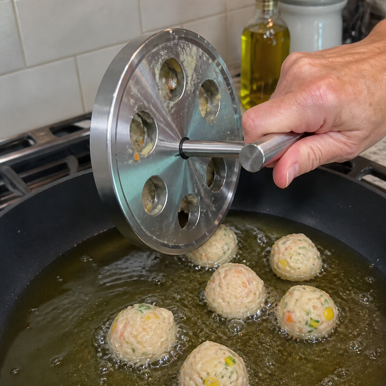 Meatballs transferred into a pan with stainless steel meatball maker
