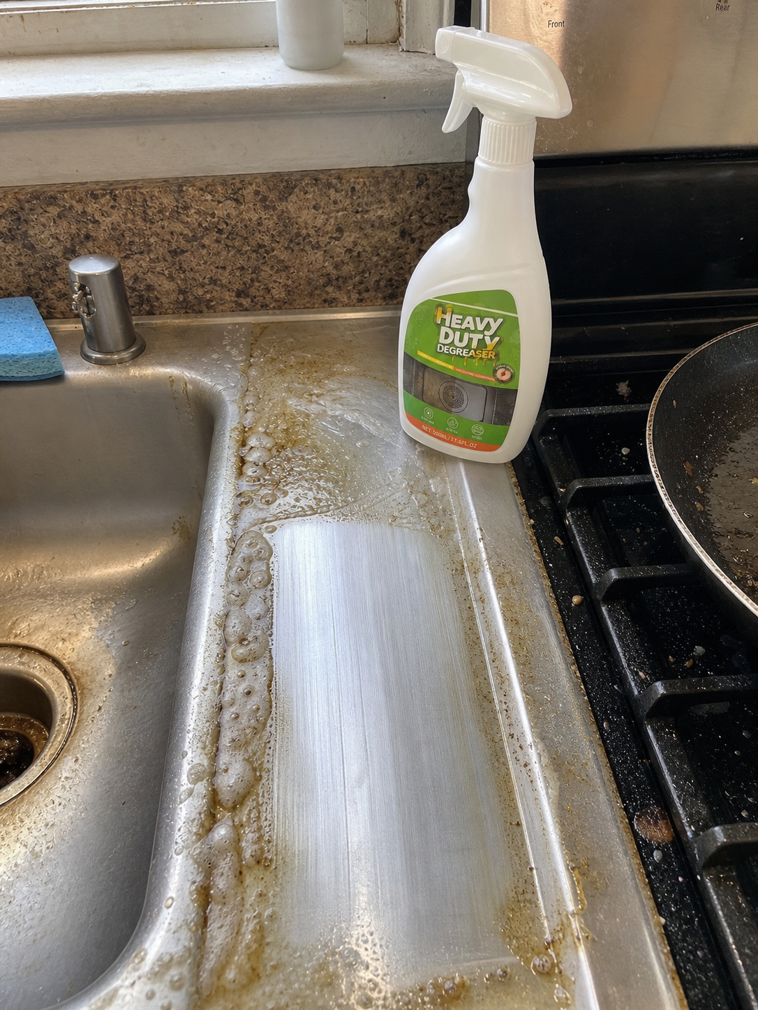 Customer photo showing a clean wipe path beside the sink