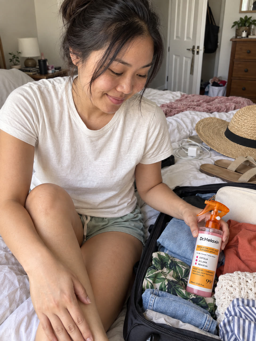 Customer preparing body skin before a vacation routine